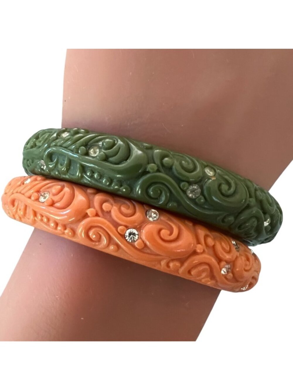 Vintage Molded Celluloid Bangle Pair, Faux Coral & Olive Green Rhinestone Bracel